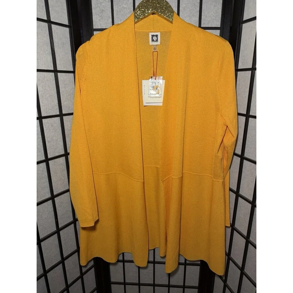 NWT Ann Klein SZ M Yellow‎ Lightweight Spring Luxe Open Long Cardigan Duster $99